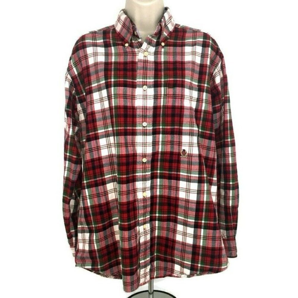 Tommy Hilfiger Men's S Small Button Down Shirt Flannel Red Green Plaid Cotton